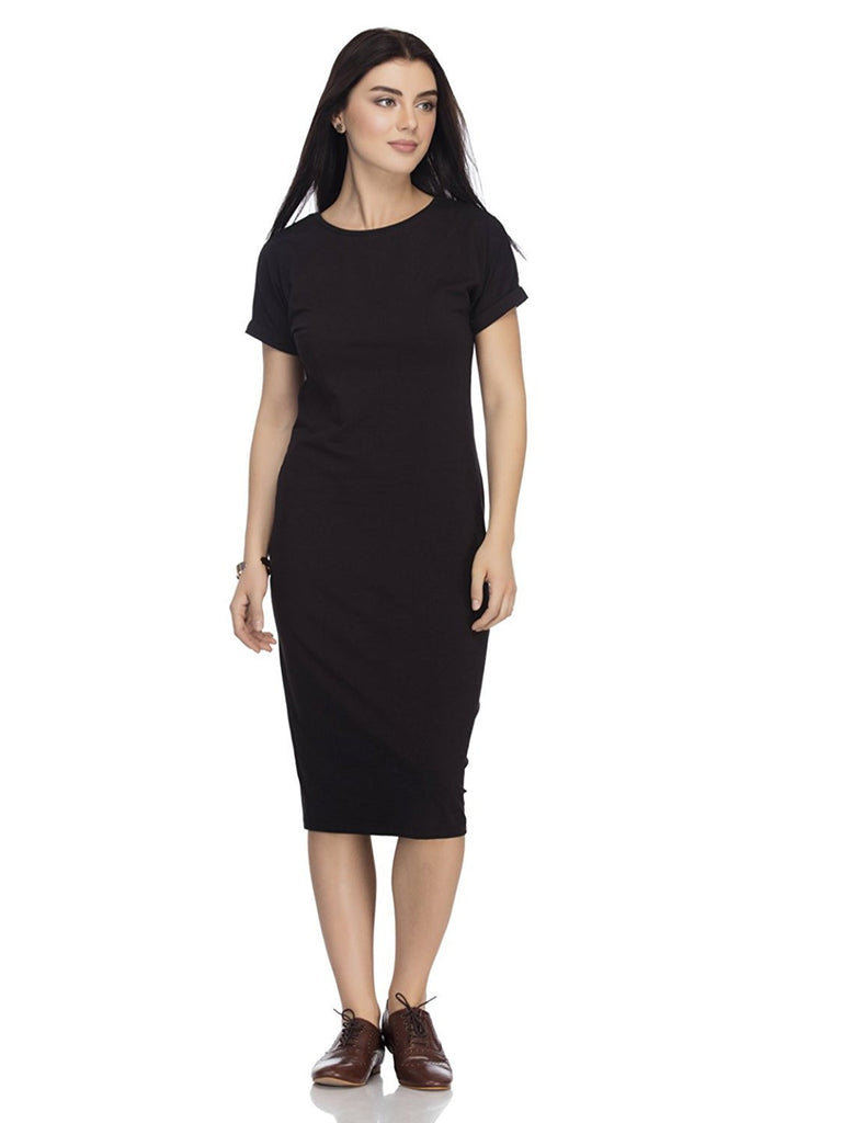Buy Online Latest Black Color Casual Wear Cotton Short Sleeves Midi dress –  Lady India